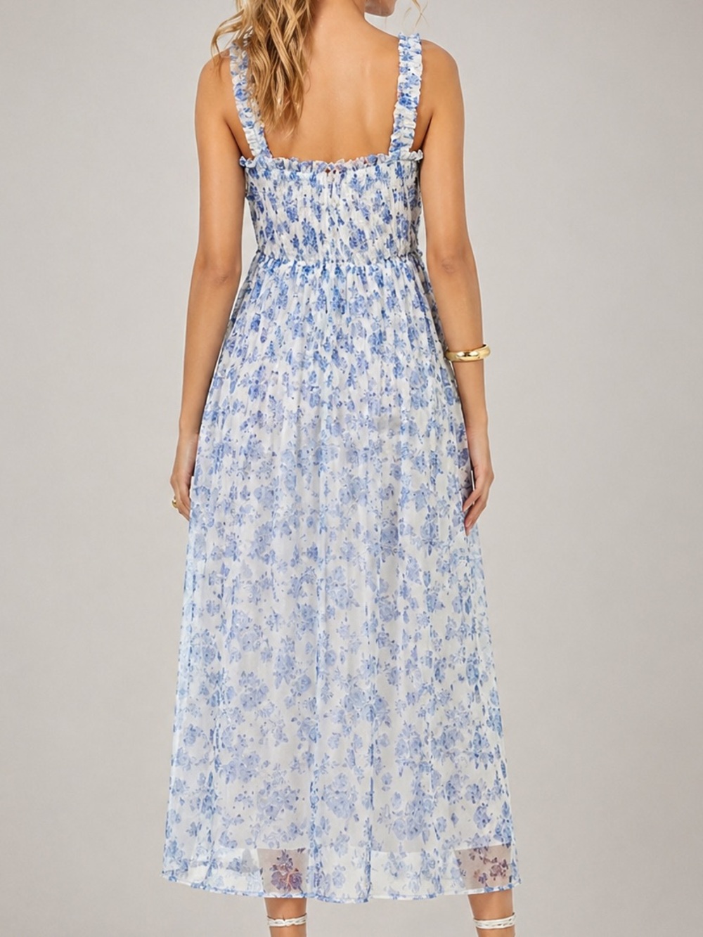 🆕🦋AQUA Blue White Floral Midi Dress Size L Bodice Tulle Overlay Cottagecore - Picture 3 of 17